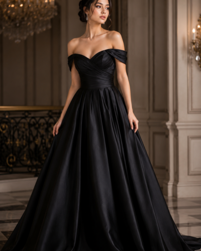 Elegant black off-shoulder evening gown for women with a flowing floor-length silhouette