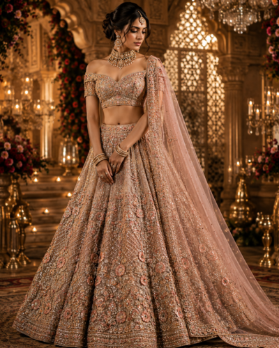 Blush pink bridal lehenga with intricate embroidery, matching dupatta, and bridal jewelry.