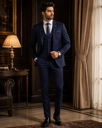 Navy blue three-piece suit for men with blazer, waistcoat, tie, formal trousers, and leather shoes