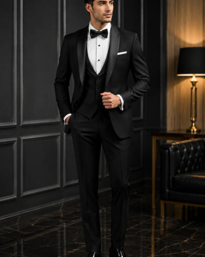Elegant black tuxedo for men with satin lapel, waistcoat, bow tie, white shirt, formal trousers, and polished shoes.